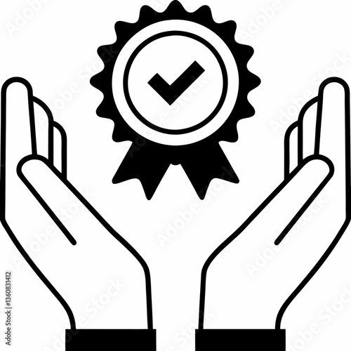 Securely held achievement, a symbol of success and accomplishment, carefully cradled in protective hands, a bold black and white graphic.