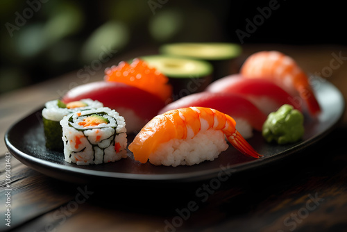 A black tray with a variety of sushi on it