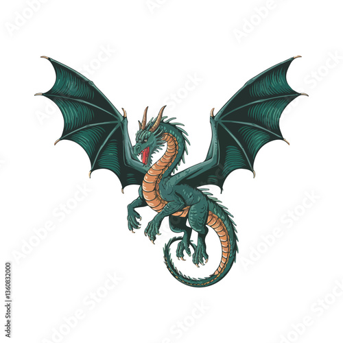 Fantasy Dragon Illustration with Wings, Mythical Creature Artwork