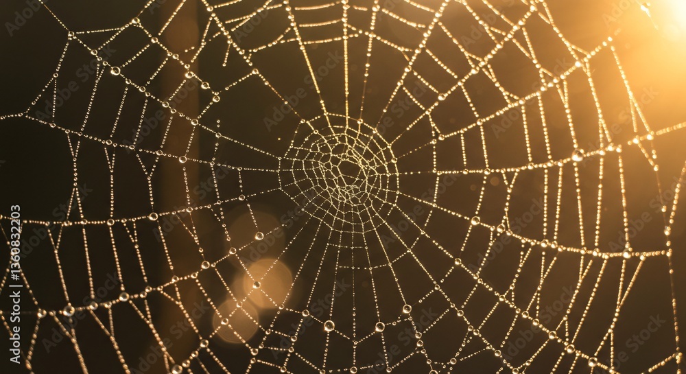 Obraz premium Dew-Covered Spider Web in Golden Light