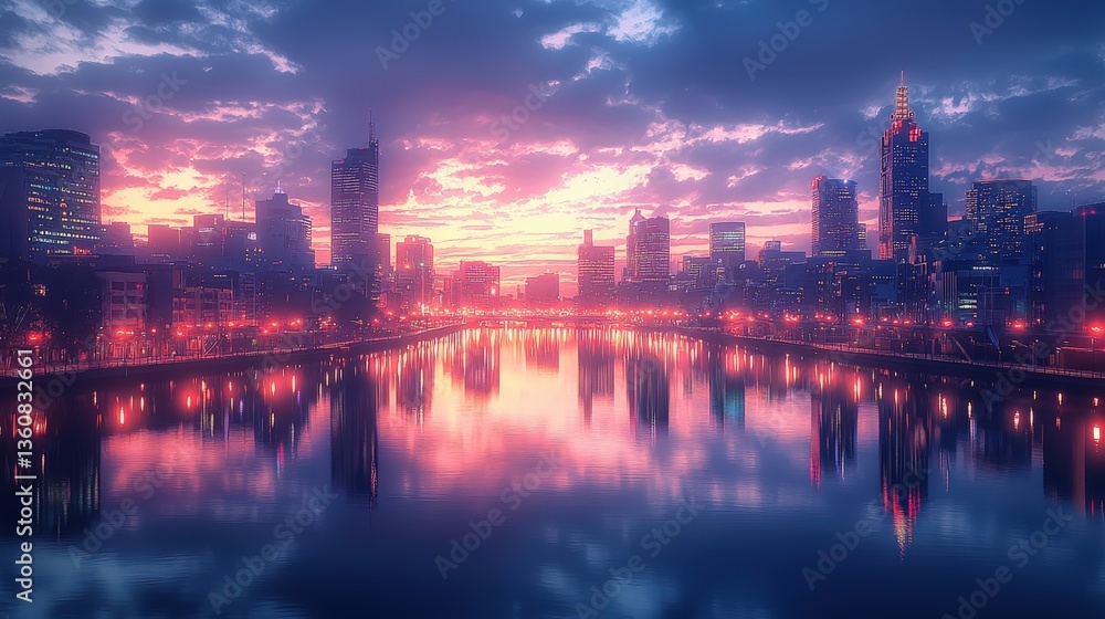 Breathtaking Melbourne skyline reflecting on Yarra River during twilight Breathtaking Melbourne skyline reflecting on Yarra River during twilight