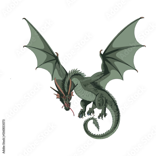 Detailed Dragon Illustration, Winged Mythical Creature for Fantasy Themes