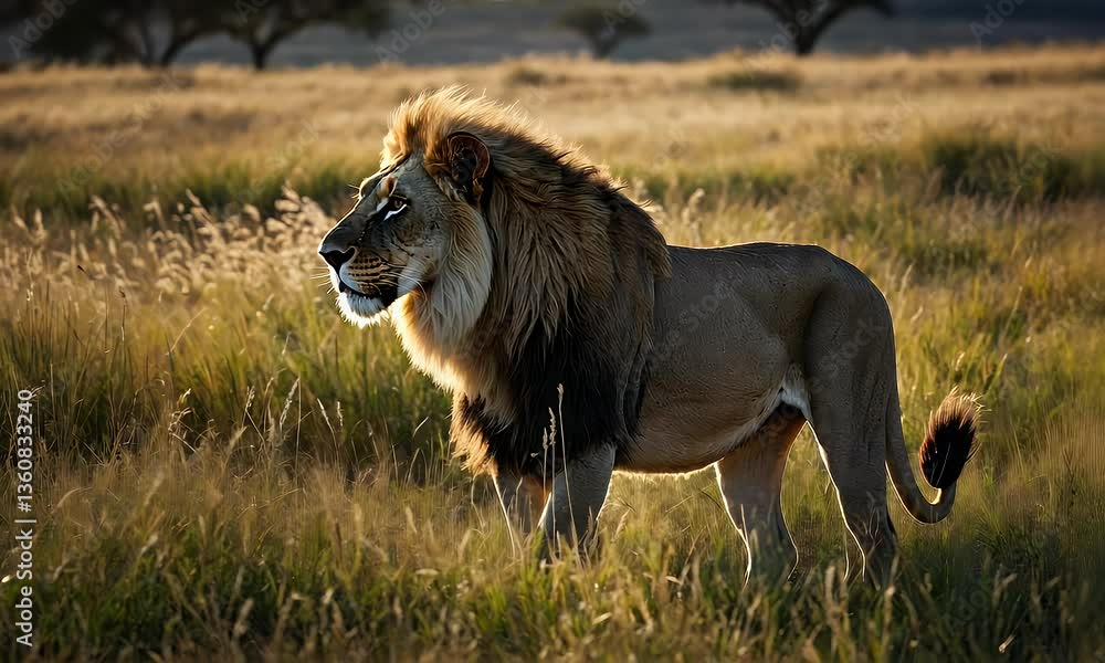 A majestic lion standing in tall grass during golden hour. A majestic lion standing in tall grass during golden hour.