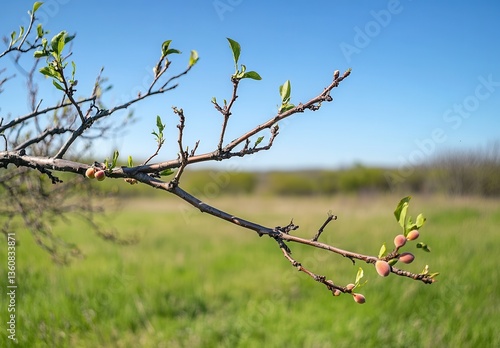 Fresh Growth on Almond Tree Branch with Blossoming Leaves and Developing Nuts Against Clear Blue Sky and Green Meadow Background