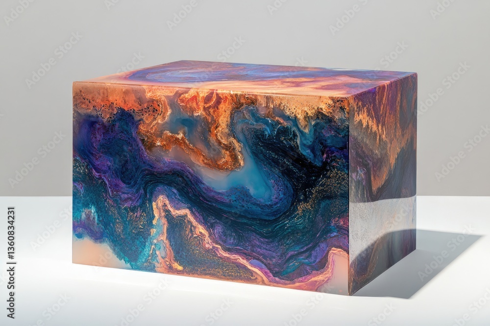 Naklejka premium A cube of resin art, showcasing swirling blues, purples, and oranges, resembling a cosmic landscape.