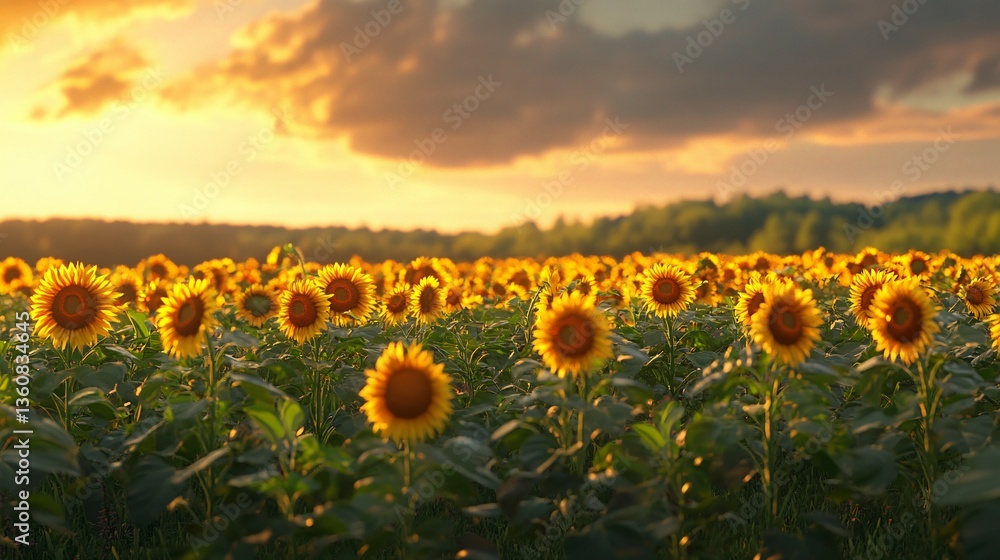 Fototapeta premium A golden field of sunflowers flourishes under a beautiful sunset sky