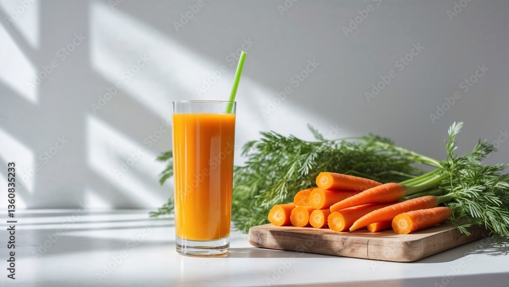 Glass of fresh carrot juice with carrots, vibrant orange and green, representing healthy vegetable drink, on white background with shadows Glass of fresh carrot juice with carrots, vibrant orange and green, representing healthy vegetable drink, on white background with shadows
