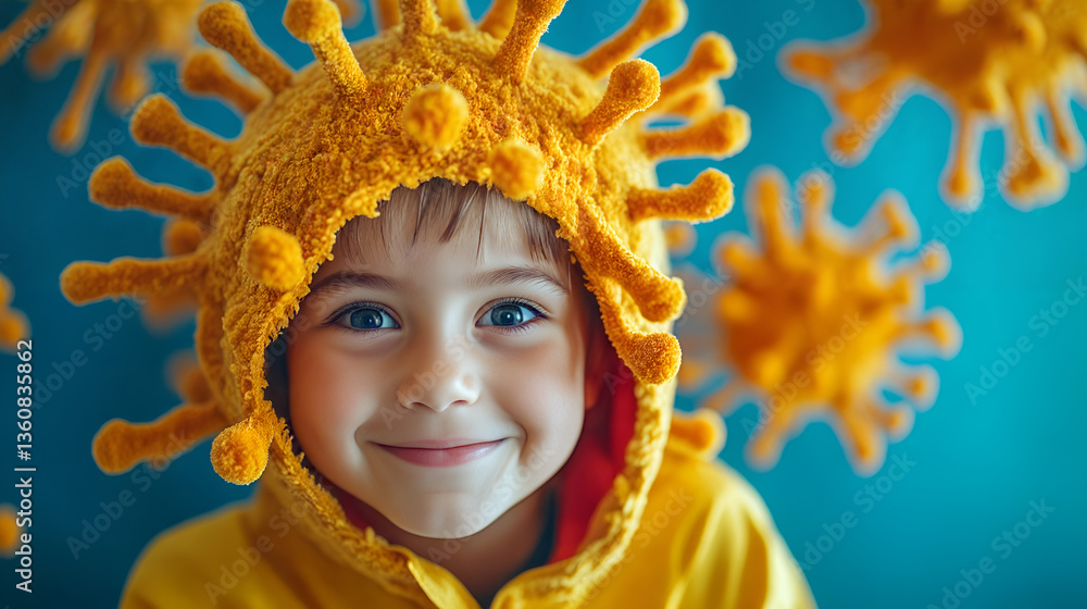 Smiling child in creative yellow costume with virus-inspired design on blue background