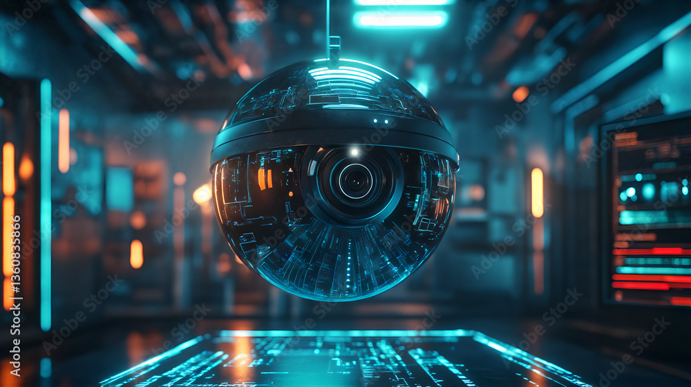Futuristic spherical surveillance drone in high-tech control room with neon blue and orange lighting