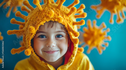 Obraz na płótnie Smiling child in creative yellow costume with virus-inspired design on blue background w salonie