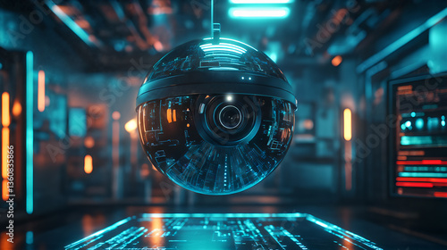 Futuristic spherical surveillance drone in high-tech control room with neon blue and orange lighting