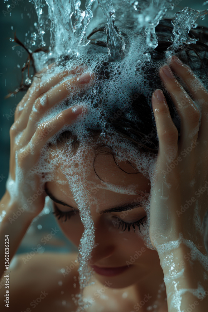 Young woman washing hair with soapy water, close-up of face and hands under shower, relaxing and cleansing bath routine, personal care concept