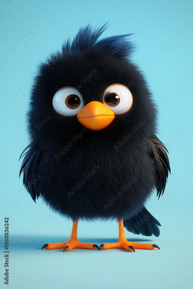 Adorable fluffy black cartoon bird with big eyes and bright orange beak on a light blue background featuring cute detailed feathers