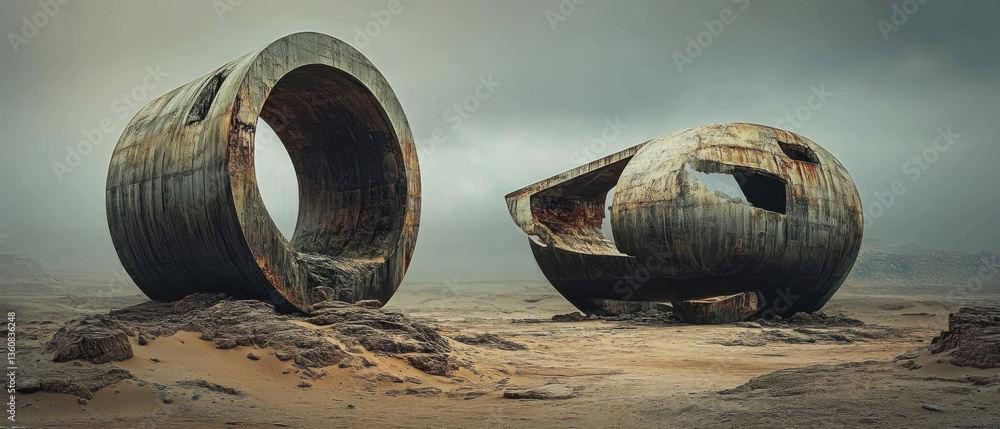 Mysterious desert landscape with rusted industrial structures and ominous overcast sky suggesting abandoned post-apocalyptic scenery
