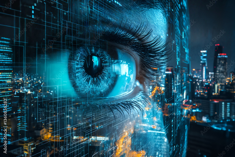 Futuristic digital eye overlay on cityscape at night with blue technology elements