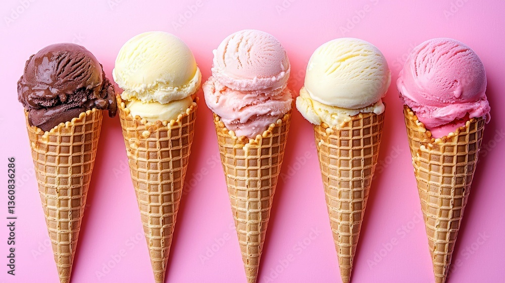 Five Scoops of Ice Cream Delights: A Symphony of Vanilla, Chocolate, and Strawberry Flavors in Crispy Cones Five Scoops of Ice Cream Delights: A Symphony of Vanilla, Chocolate, and Strawberry Flavors in Crispy Cones