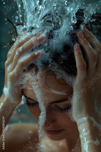 Obraz na płótnie Young woman washing hair with soapy water, close-up of face and hands under shower, relaxing and cleansing bath routine, personal care concept w salonie