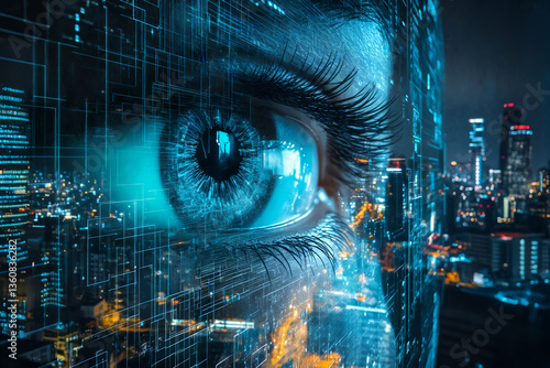 Obraz na płótnie Futuristic digital eye overlay on cityscape at night with blue technology elements w salonie