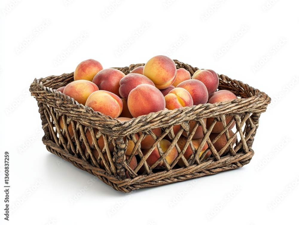 Fresh Juicy Peaches in a Rustic Woven Basket on a Clean White Background Fresh Organic Fruits for Healthy Lifestyle and Culinary Delights Fresh Juicy Peaches in a Rustic Woven Basket on a Clean White Background Fresh Organic Fruits for Healthy Lifestyle and Culinary Delights