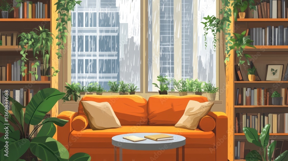 Fototapeta premium Cozy living room with an orange sofa, surrounded by bookshelves and plants, rain falling outside the window