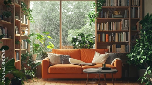 Cozy living room with an orange couch, surrounded by bookshelves and lush plants, as rain falls outside
