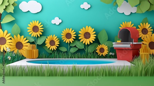 Summer BBQ Poolside Papercraft Scene.