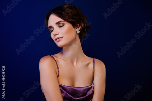 Photo of dreamy pretty lady dressed elegant outfit closed eyes enjoying nightclub isolated blue color background