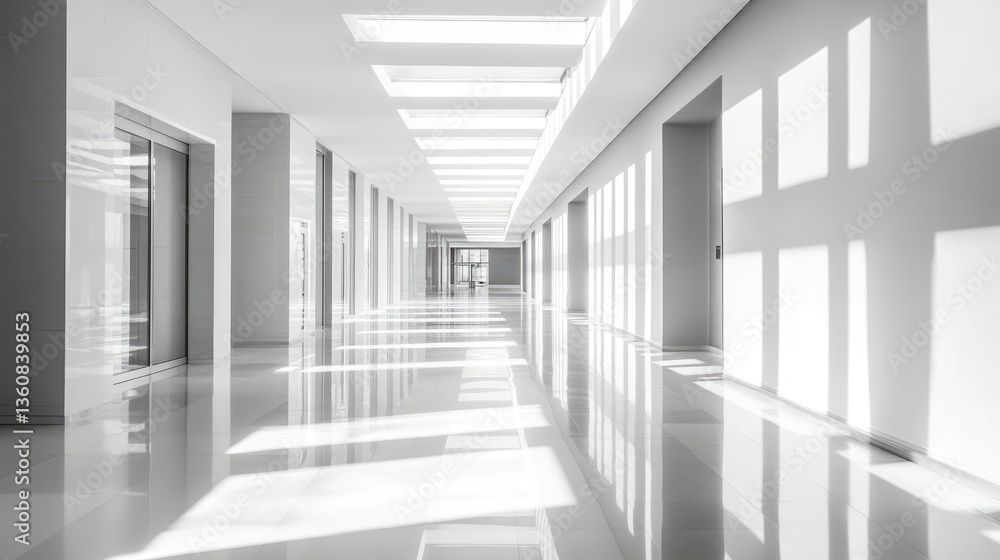 Fototapeta premium Modern minimalist corridor with natural light streaming through skylights, creating dynamic shadows on the floor