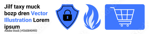 Shield with locked padlock for cybersecurity, flame symbol hinting fire risk, shopping cart for commerce. Ideal for security, risk management, e-commerce, technology, shopping, business simple