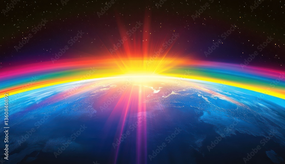 Rainbow sunrise with Earth, and space. Rainbow sunrise with Earth, and space.