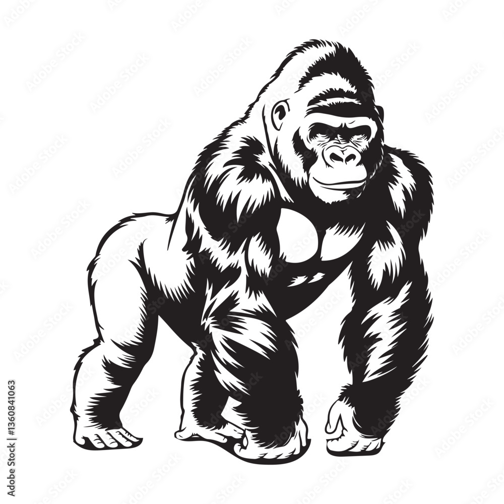 Fototapeta premium Strong Gorilla Illustration, Powerful Animal in Black and White, Digital Animal Art