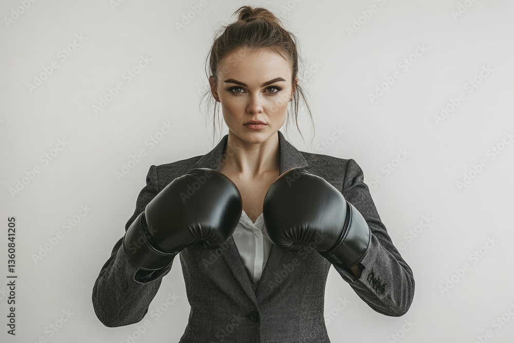 Confident businesswoman in a grey suit, ready for a challenge, wearing black boxing gloves. Confident businesswoman in a grey suit, ready for a challenge, wearing black boxing gloves.