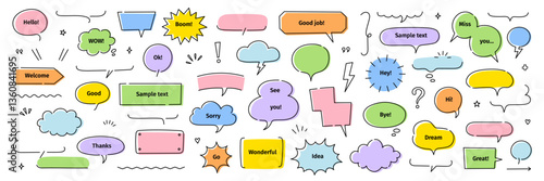 Line frame text speech bubble set. Line balloon frame design talk speech bubble frame. Comic japan style design background text dialog balloon, simple doodle cloud, box border. Vector illustration
