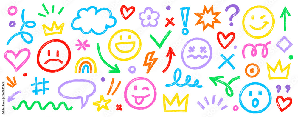 Smile brush hand drawn vector element set. Emoji fun face, heart, crown symbol crayon texture marker background kid sketch style hand drawn element. Color smiley face, arrow. Vector illustration Smile brush hand drawn vector element set. Emoji fun face, heart, crown symbol crayon texture marker background kid sketch style hand drawn element. Color smiley face, arrow. Vector illustration
