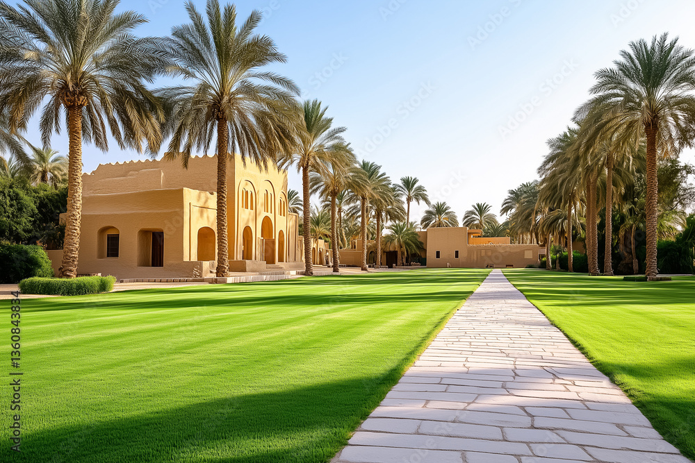Pathway winding through vibrant green lawn surrounded by palm trees. Beautiful estate in the background under bright blue sky. Concept of luxury, outdoor living, landscaping Pathway winding through vibrant green lawn surrounded by palm trees. Beautiful estate in the background under bright blue sky. Concept of luxury, outdoor living, landscaping