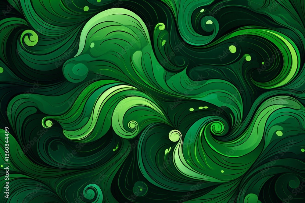 Fototapeta premium Abstract green wavy lines with 3D effect, deep green shades, dynamic background. Generative AI