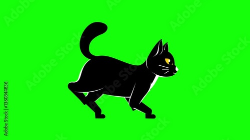 Green screen cat animation. Black cat walking animation. Side view. Chroma key. 4K. Seamless loop. Perfect for animated storybooks, cat lover tributes, and pet adoption campaigns.