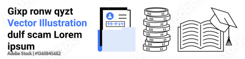 Folder with documents, stacked coins, open book, and graduation cap representing organization, finance, and education. Ideal for finance, education, learning investment organization planning