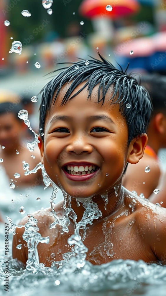 Water splashing in New Year Songkran festival in Thailand. Close up of a happy Thai boy completely d Water splashing in New Year Songkran festival in Thailand. Close up of a happy Thai boy completely d