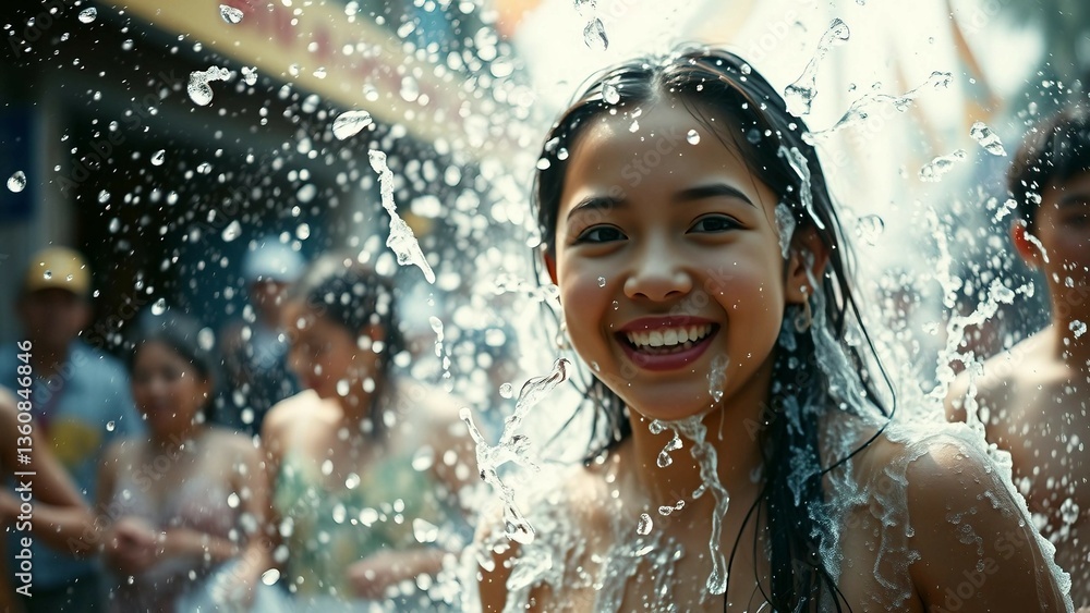 Fototapeta premium Water splashing in New Year Songkran festival in Thailand. Close up of a happy girl completely drenc