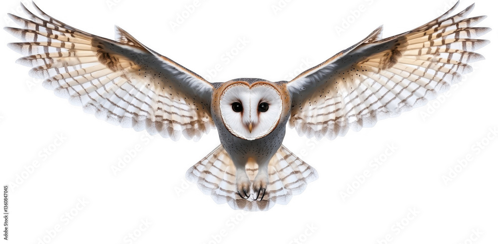 Full-body shot of an owl with spread wings, flying against a white background, png Full-body shot of an owl with spread wings, flying against a white background, png