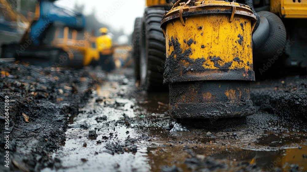 Heavy machinery working on construction site, close-up view of muddy equipment and ground Heavy machinery working on construction site, close-up view of muddy equipment and ground