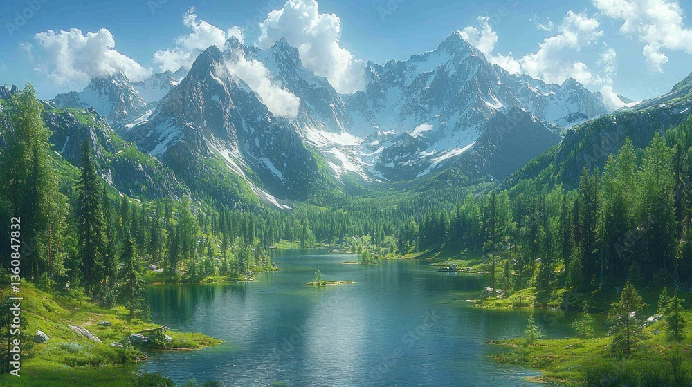 Naklejka premium Serene mountain lake reflecting snow-capped peaks under a bright sky.