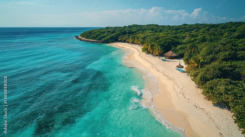 Fototapeta premium Secluded tropical beach with turquoise water, white sand, and lush greenery.