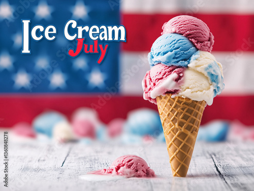Patriotic ice cream cone with American flag background, national ice cream month usa..