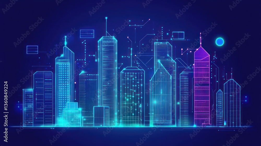 Fototapeta premium Futuristic Cityscape, digital architecture, glowing lines, night scene. Potential stock photo use Technology, Urban Development