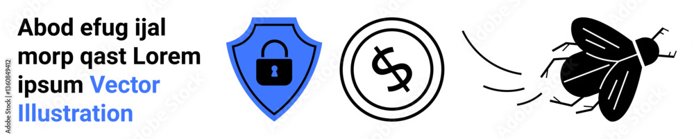 Blue shield with lock, dollar circle, black fly in motion ideal for finance, security, fraud, evasion, scams, protection, bugs abstract line flat metaphor Blue shield with lock, dollar circle, black fly in motion ideal for finance, security, fraud, evasion, scams, protection, bugs abstract line flat metaphor