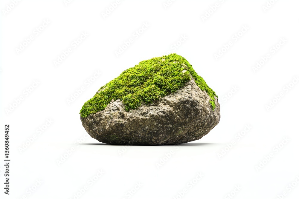3D illustration of a small rock covered in moss, close-up detail, clean white background for nature-focused design use 3D illustration of a small rock covered in moss, close-up detail, clean white background for nature-focused design use