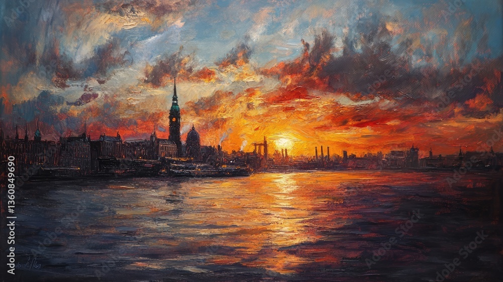 Naklejka premium Vibrant sunset over a city skyline with reflections on water, showcasing industrial elements and dramatic clouds