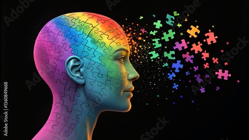 Surreal Digital Art of a Human Head as a Puzzle with Pieces Floating Away